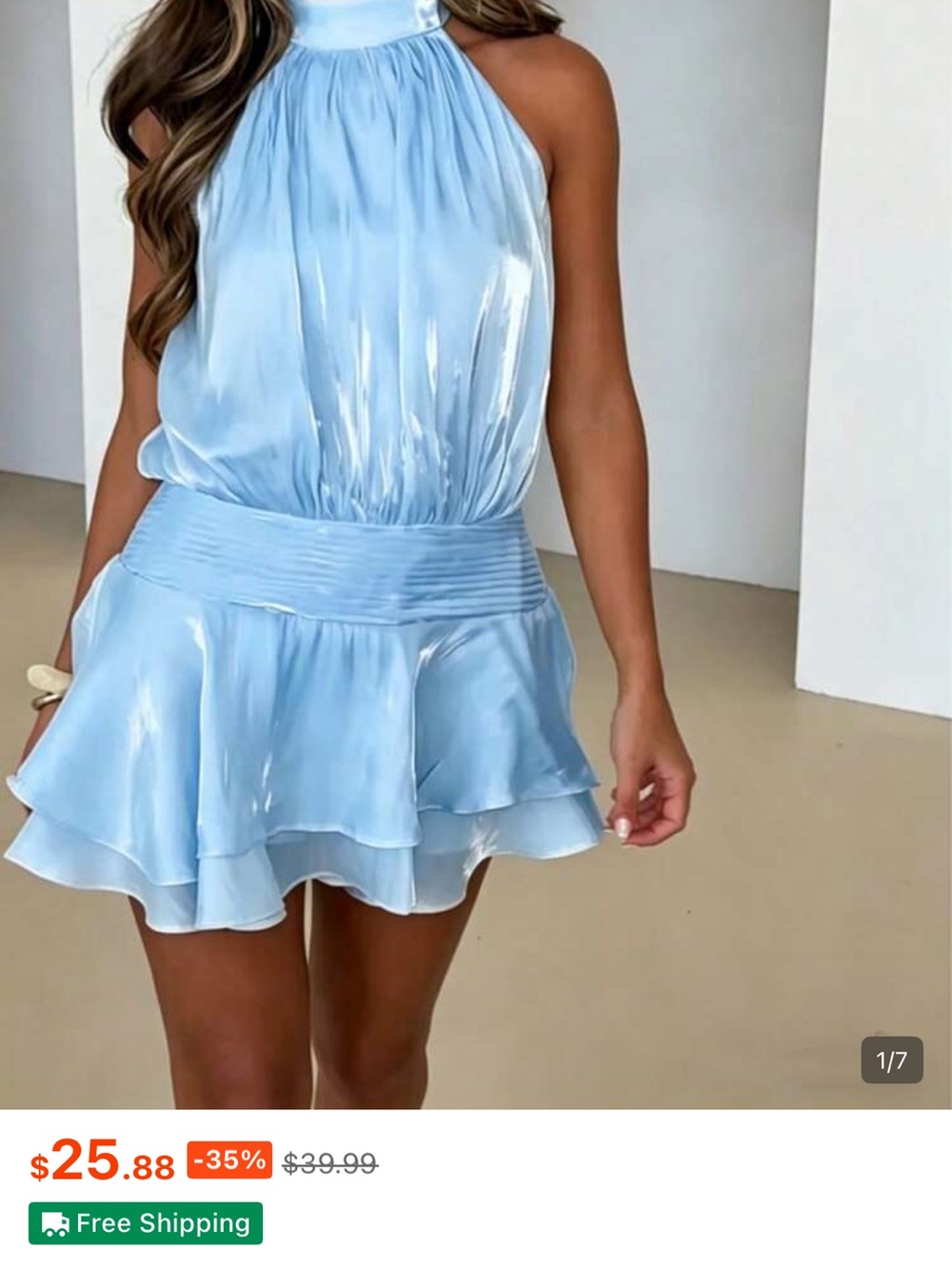 SHEIN Light Blue Halter Tie-Back Ruffle Mini Dress